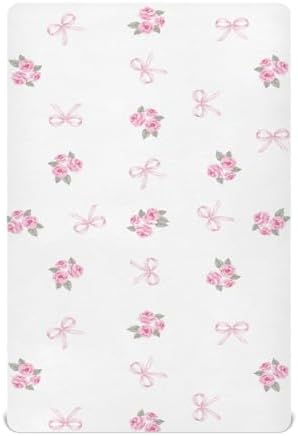 KICPOAY Fitted Crib Sheets with Pink Rose Ribbons and Leaves