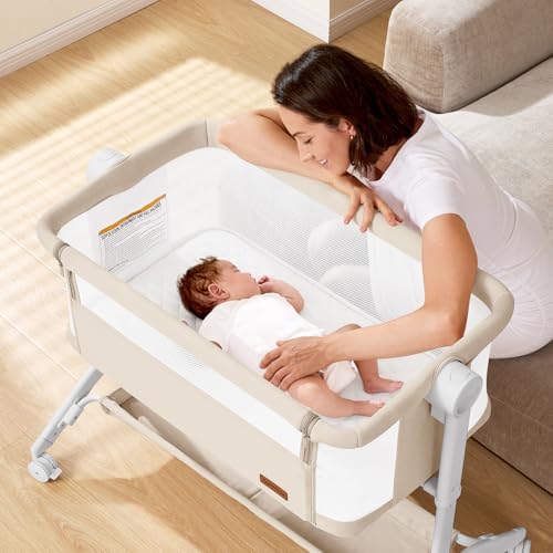 Taylengrow Baby Bassinet Bedside Sleeper - All-Mesh Portable 5 Adjustable Heights