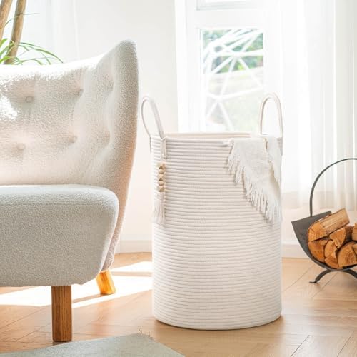 Goodpick White Woven Laundry Basket with Handles 16x20 Inches