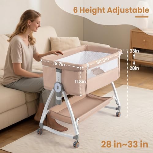 JOYMOR 3 in 1 Portable Bedside Bassinet with Wheels and Comfy Mattress