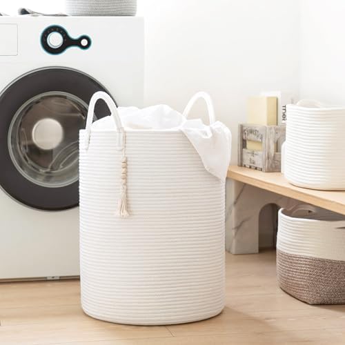 Goodpick White Woven Laundry Basket with Handles 16x20 Inches