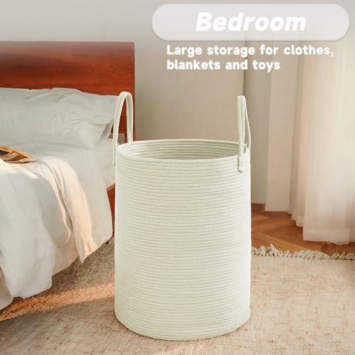 Large Woven Laundry Basket Hamper 60L White Cotton Rope Storage Bin