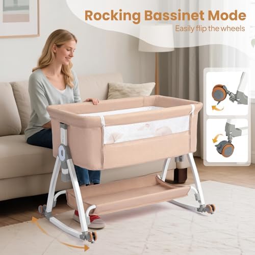 JOYMOR 3 in 1 Portable Bedside Bassinet with Wheels and Comfy Mattress