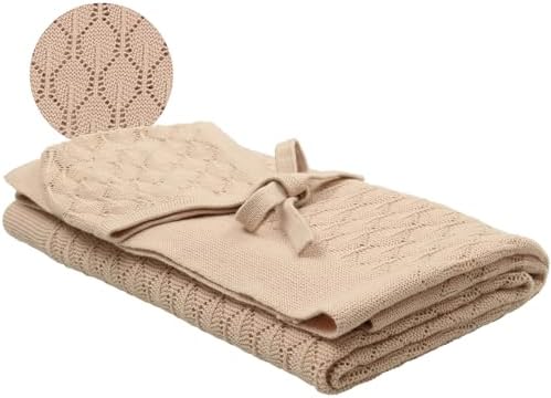 Peluche Pointelle Knit Swaddling Blanket with Bonnet - Tan