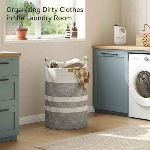 Nunsino 95L Gray Striped Laundry Hamper with Leather Handles