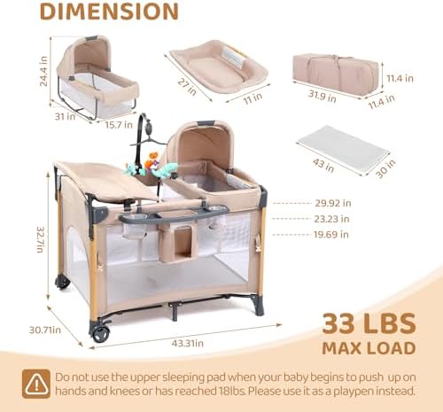 JOYMOR 7 in 1 Bedside Bassinet with Changing Table and Playpen