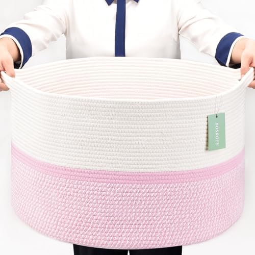 Extra Large Woven Cotton Basket for Kids 22x14 Blend White Pink