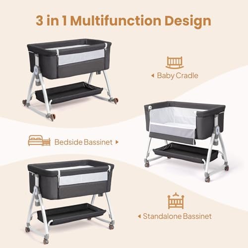 JOYMOR 3 in 1 Portable Bedside Bassinet with Wheels and Adjustable Height