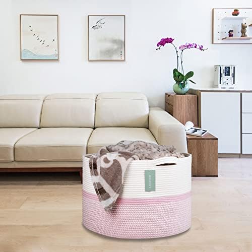 Extra Large Woven Cotton Basket for Kids 22x14 Blend White Pink