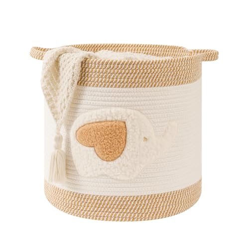 Large Woven Cotton Rope Storage Basket with Elephant Embroidery