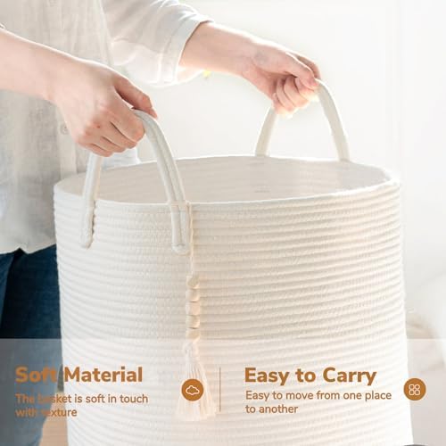 Goodpick White Woven Laundry Basket with Handles 16x20 Inches