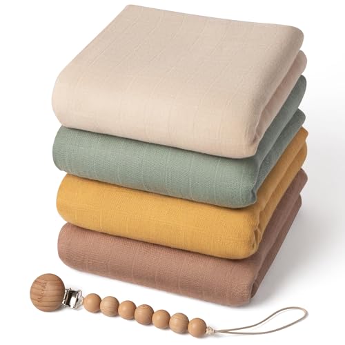 Moonkie Muslin Swaddle Blankets with Pacifier Clip 4 Pack