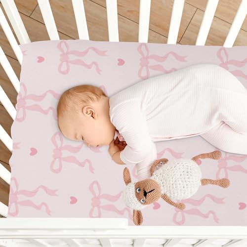 KICPOAY Fitted Crib Sheets with Coquette Ribbon Bow Hearts Pattern