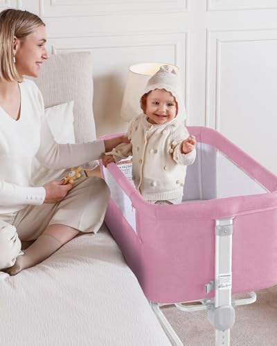 Larex Baby Bassinet 3 in 1 Bedside Sleeper with Mattress and Wheels Pink