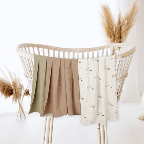Lulumoon Baby Muslin Swaddle Blankets 3-Pack Rainbow Khaiki