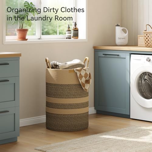 Nunsino 95L Striped Laundry Hamper with Leather Handles