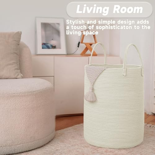Large Woven Laundry Basket Hamper 60L White Cotton Rope Storage Bin