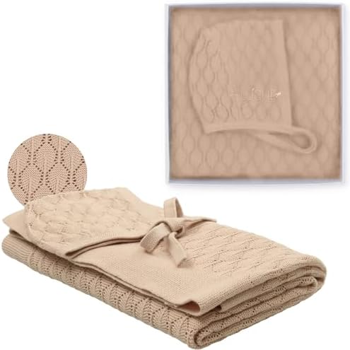 Peluche Pointelle Knit Swaddling Blanket with Bonnet - Tan