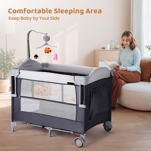 JOYMOR 5-in-1 Pack and Play with Bassinet and Changing Table