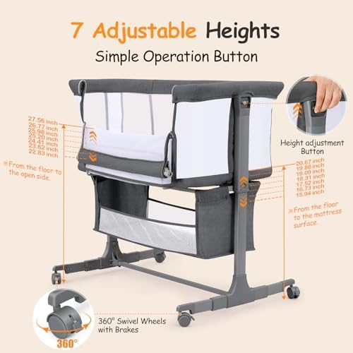 Ezebaby Bedside Bassinet with 7 Heights and Wheels