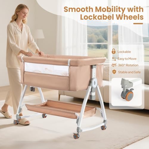 JOYMOR 3 in 1 Portable Bedside Bassinet with Wheels and Comfy Mattress