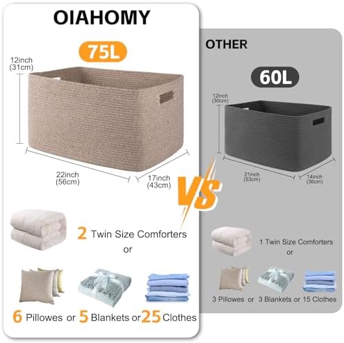 OIAHOMY 75L Woven Blanket Basket with Handle 1