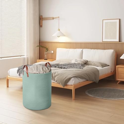80L Woven Rope Storage Basket with Leather Handles Green