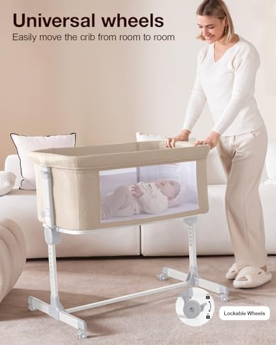 Larex Baby Bassinet 3 in 1 Bedside Sleeper with Mattress and Wheels Khaki