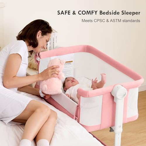Taylengrow Baby Bassinet Bedside Sleeper - All-Mesh 5 Height Adjustments Pink