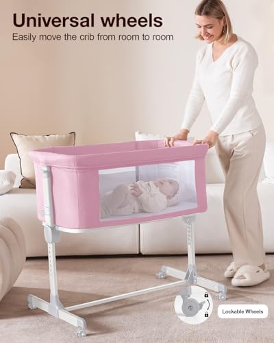 Larex Baby Bassinet 3 in 1 Bedside Sleeper with Mattress and Wheels Pink