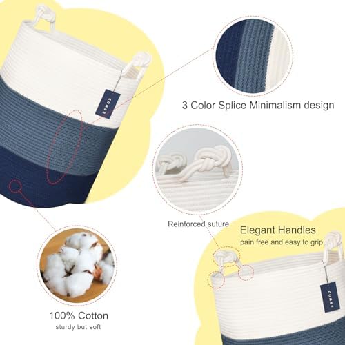 COMSE Extra Large Cotton Rope Storage Basket 157x217 WhiteCadet BlueNavy Blue