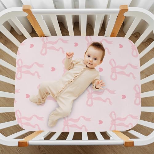 KICPOAY Fitted Crib Sheets with Coquette Ribbon Bow Hearts Pattern
