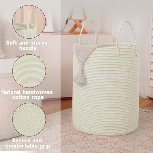 Large Woven Laundry Basket Hamper 60L White Cotton Rope Storage Bin