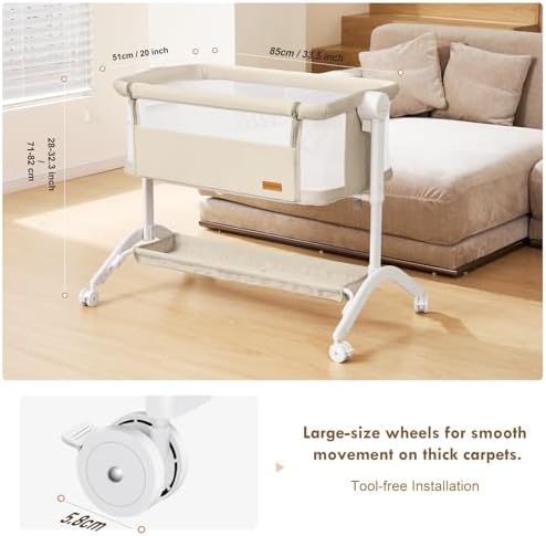 Taylengrow Baby Bassinet Bedside Sleeper - All-Mesh Portable 5 Adjustable Heights