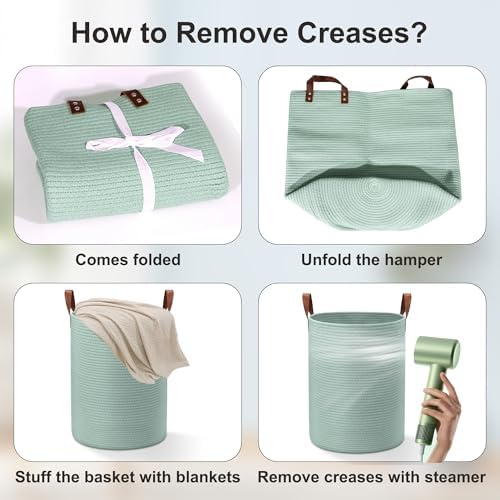 80L Woven Rope Storage Basket with Leather Handles Green