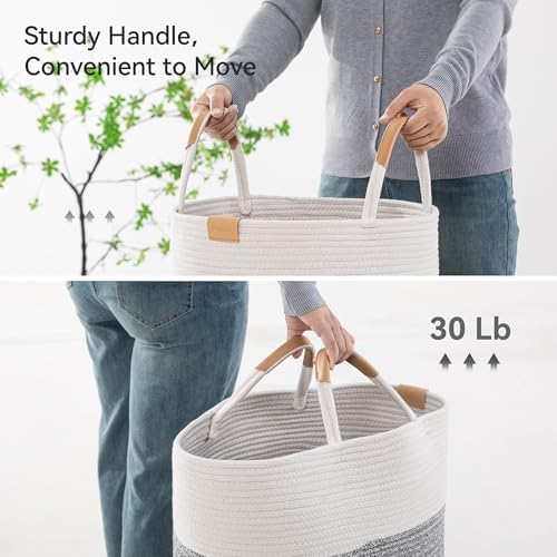 Nunsino 95L Gray Striped Laundry Hamper with Leather Handles