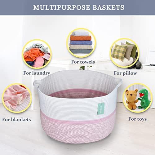 Extra Large Woven Cotton Basket for Kids 22x14 Blend White Pink