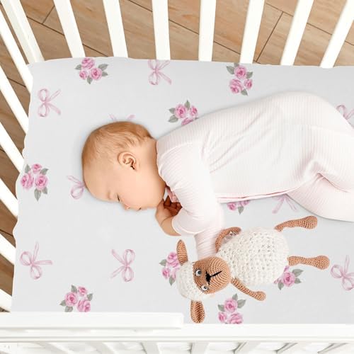 KICPOAY Fitted Crib Sheets with Pink Rose Ribbons and Leaves