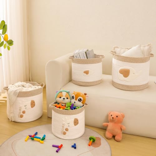 Large Woven Cotton Rope Storage Basket with Elephant Embroidery
