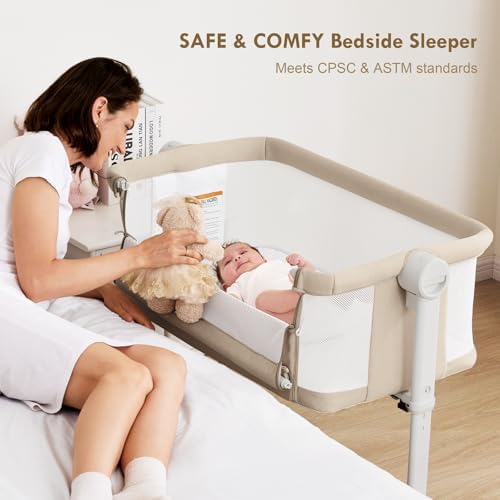 Taylengrow Baby Bassinet Bedside Sleeper - All-Mesh Portable 5 Adjustable Heights