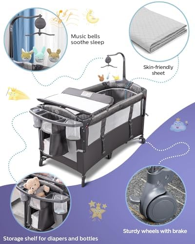 ADOVEL Baby Bassinet Bedside Crib with Mattress Diaper Changer and Playard - Grey