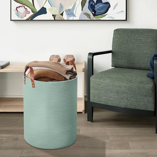 80L Woven Rope Storage Basket with Leather Handles Green