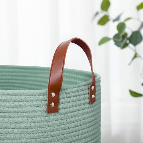 80L Woven Rope Storage Basket with Leather Handles Green
