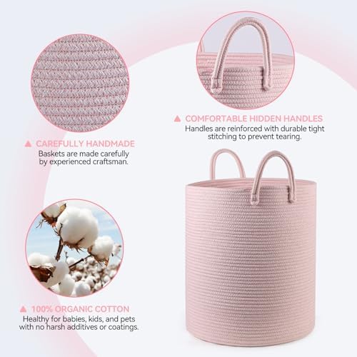HOBASKET Cotton Rope Laundry Basket Hamper Pink 1