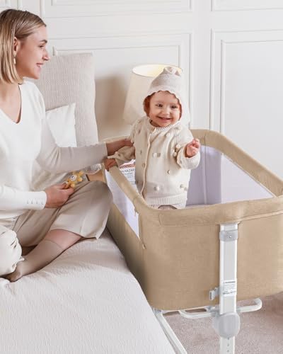 Larex Baby Bassinet 3 in 1 Bedside Sleeper with Mattress and Wheels Khaki