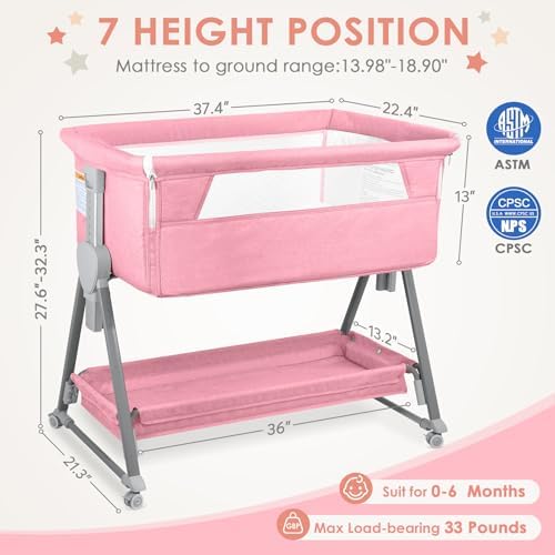 BIERUM Bedside Bassinet with 7 Height Adjustments and Wheels