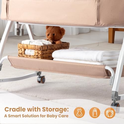 JOYMOR 3 in 1 Portable Bedside Bassinet with Wheels and Comfy Mattress