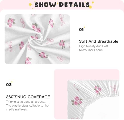 KICPOAY Fitted Crib Sheets with Pink Rose Ribbons and Leaves