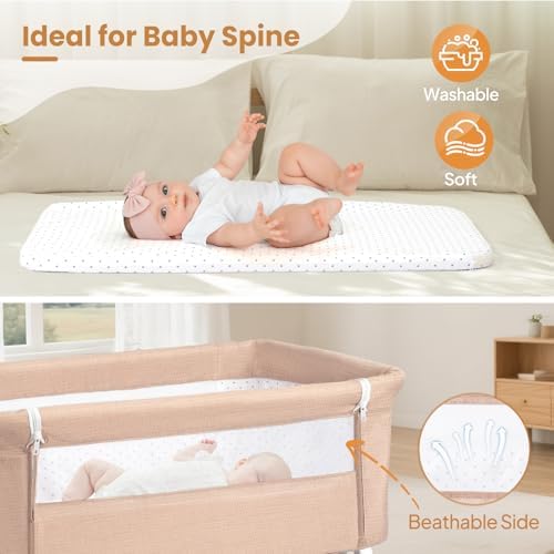 JOYMOR 3 in 1 Portable Bedside Bassinet with Wheels and Comfy Mattress