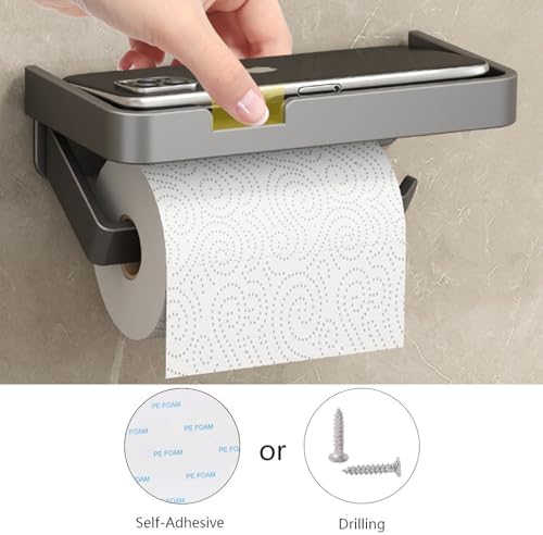 Self Adhesive Toilet Paper Holder with Shelf - Gray